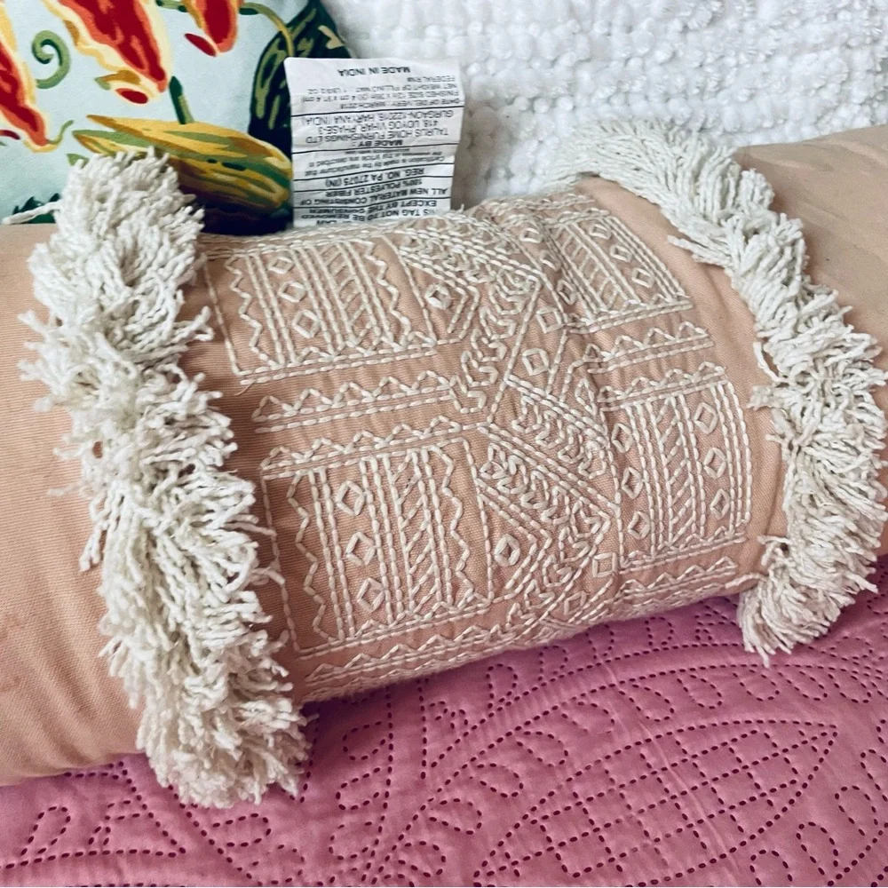 Opalhouse Boho Pink and white embroidered fringe Oversized Oblong Throw Pillow